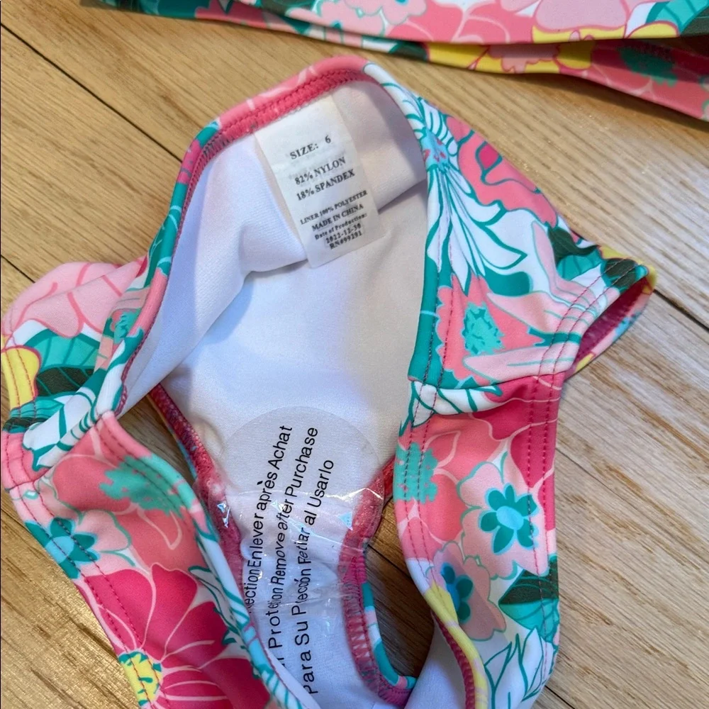 Kanu Surf Two Piece Kids Pink Floral Racerback Bikini with Pink, Teal & Yellow